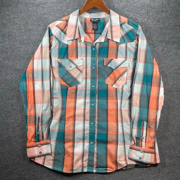 Wrangler Retro Pearl Snap Western Shirt Men's XXL Orange/Green Plaid Cowboy - Picture 1 of 12
